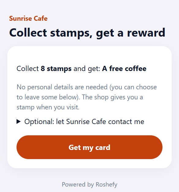 The real Rosheefy loyalty card sign-up page: collect stamps, get a reward