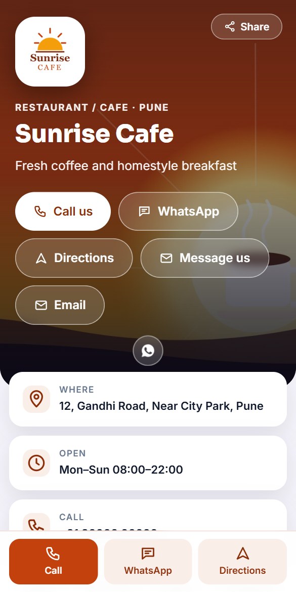 A real Rosheefy shop page on a phone, showing the shop name, Call, WhatsApp and Directions buttons